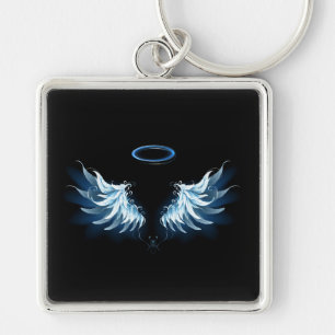 Blauwe Ggloed Angel Wings op zwarte achtergrond Sleutelhanger
