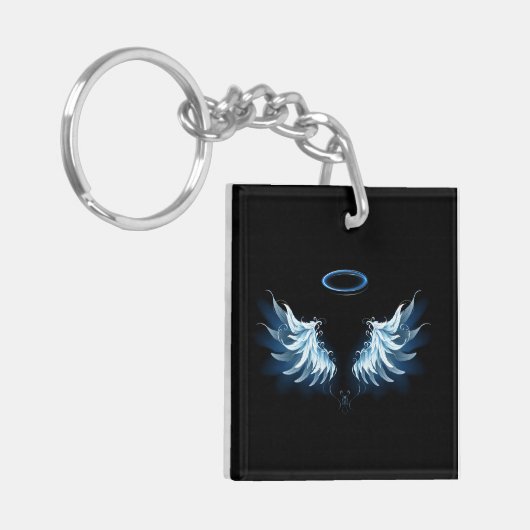 Blauwe Ggloed Angel Wings op zwarte achtergrond Sleutelhanger (Voorkant Links)