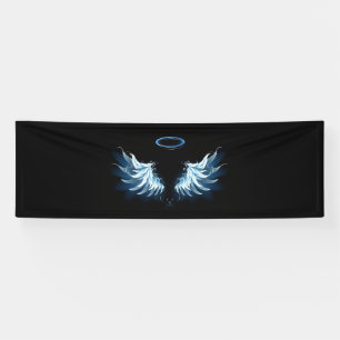 Blauwe Ggloed Angel Wings op zwarte achtergrond Spandoek