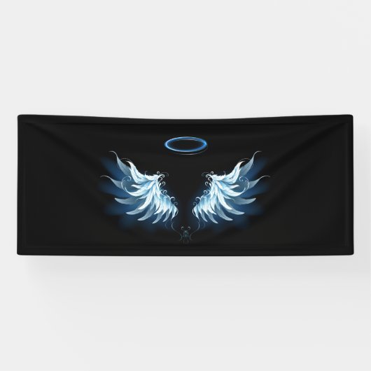 Blauwe Ggloed Angel Wings op zwarte achtergrond Spandoek (Horizontaal)