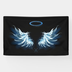 Blauwe Ggloed Angel Wings op zwarte achtergrond Spandoek