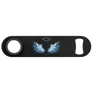 Blauwe Ggloed Angel Wings op zwarte achtergrond Speed Flessenopener