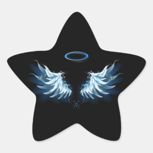 Blauwe Ggloed Angel Wings op zwarte achtergrond Ster Sticker