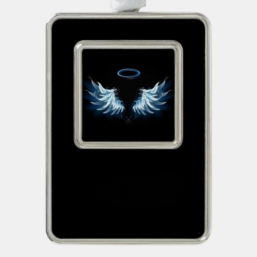 Blauwe Ggloed Angel Wings op zwarte achtergrond Verzilverd Kader Ornament (Voorkant)