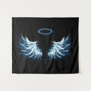 Blauwe Ggloed Angel Wings op zwarte achtergrond Wandkleed