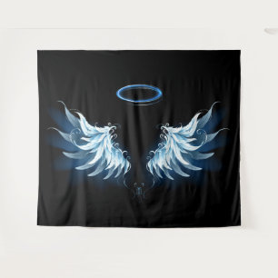 Blauwe Ggloed Angel Wings op zwarte achtergrond Wandkleed