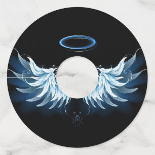 Blauwe Ggloed Angel Wings op zwarte achtergrond Wijnglaslabel