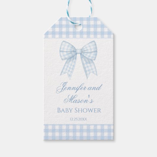 Blauwe gingham baby jongen douche dank u gunst tag cadeaulabel (Voorkant)