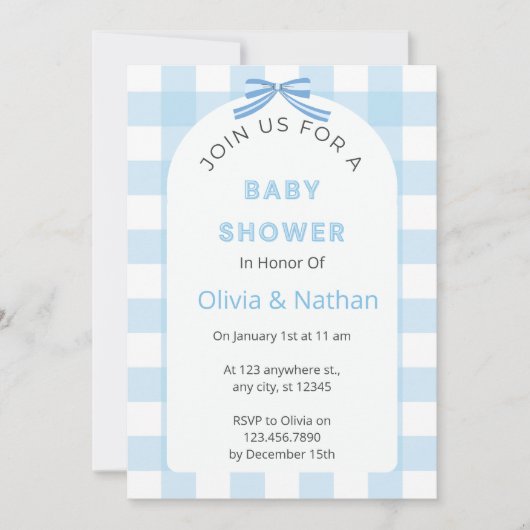 Blauwe Gingham Baby Shower Uitnodiging, Blauwe Bab Kaart (Voorkant)