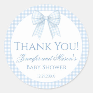 Blauwe gingham boog baby boy douche dank u sticker