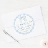 Blauwe gingham boog baby boy douche dank u sticker (Envelop)