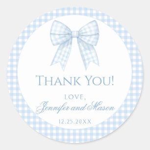 Blauwe gingham boog baby jongen douche dank u ronde sticker