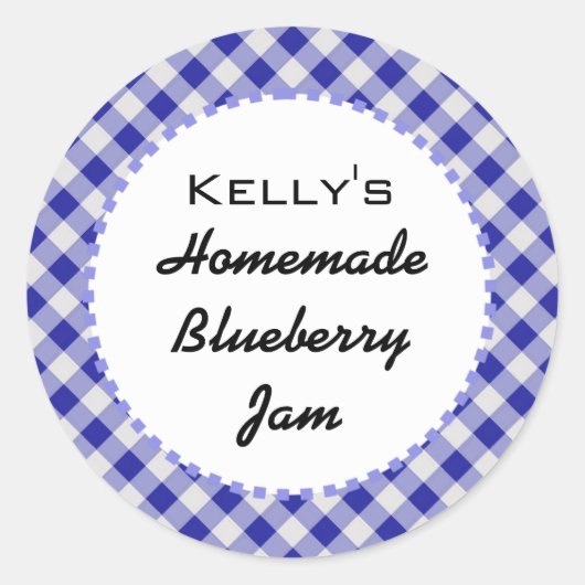 Blauwe gingham bosbessenjam label (Voorkant)