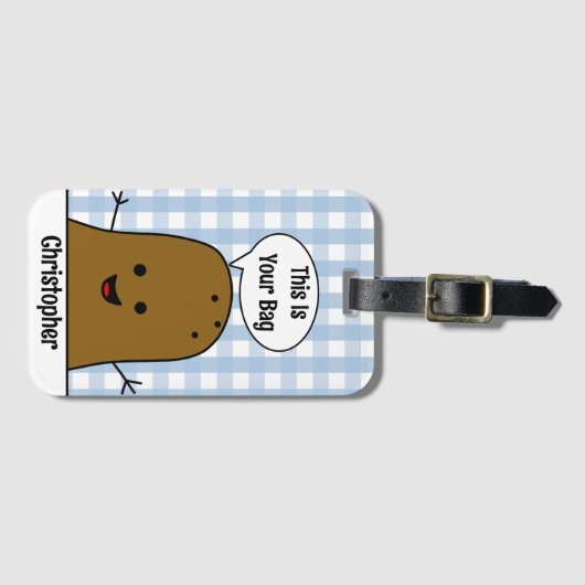 Blauwe Gingham, Bruine aardappel, uw tas, Custom Bagagelabel (Voorkant (horizontaal))
