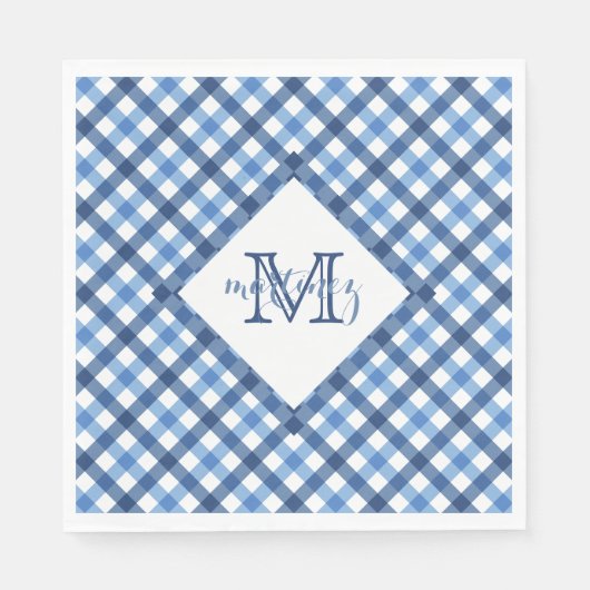 Blauwe gingham diamant monogram naam servetten (Voorkant)