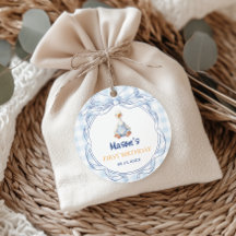 Blauwe Gingham Gans Jongen Eerste Verjaardag