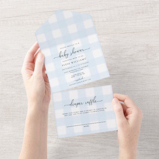Blauwe gingham in één baby shower uitnodiging (Afscheurbaar)