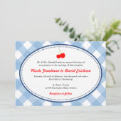 Blauwe gingham land roestrode kerry bruiloft kaart (Staand voorkant)