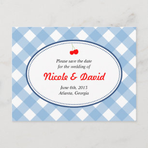 Blauwe gingham land rustieke kers save the date aankondigingskaart
