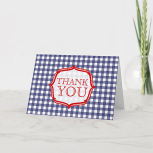 Blauwe gingham met rood - dank u kaart