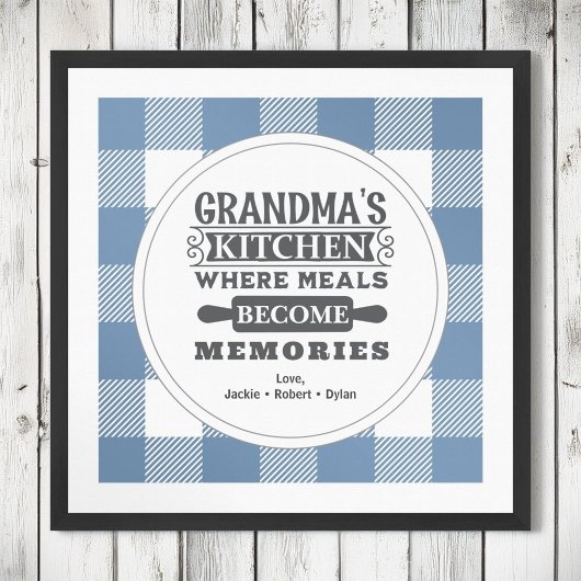 Blauwe Gingham Oma maaltijden worden herinneringen Poster
