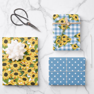 Blauwe Gingham Polka Dots Zonnebloem Bloemen Patro Inpakpapier Vel