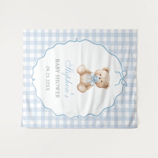 Blauwe Gingham Teddybeer Baby Shower Wandkleed (Voorkant (horizontaal))