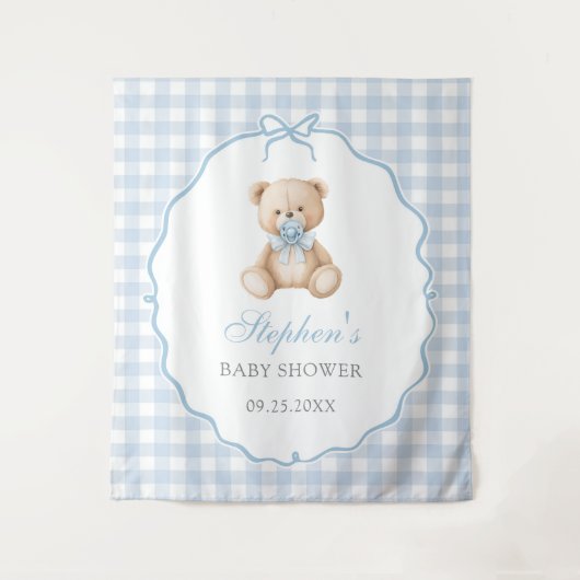 Blauwe Gingham Teddybeer Baby Shower Wandkleed (Voorkant)