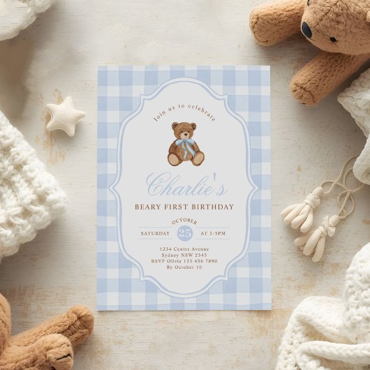 Blauwe Gingham Teddybeer Beary Eerste Verjaardag Kaart