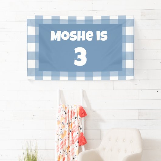 Blauwe gingham verjaardagsbanner spandoek (Insitu)