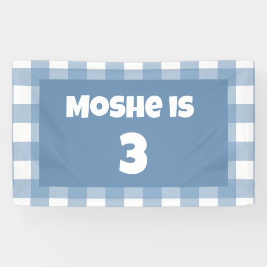 Blauwe gingham verjaardagsbanner spandoek (Horizontaal)