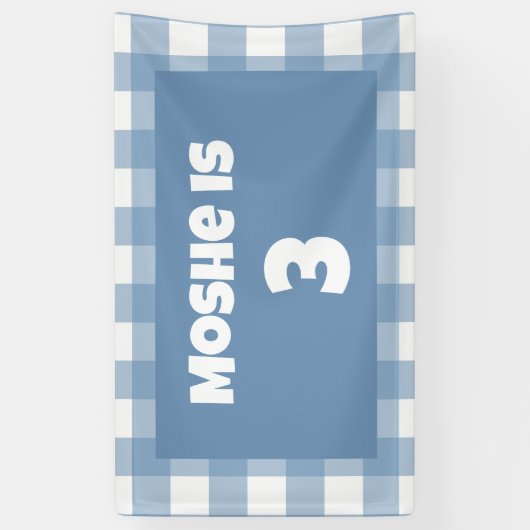 Blauwe gingham verjaardagsbanner spandoek (Verticaal)