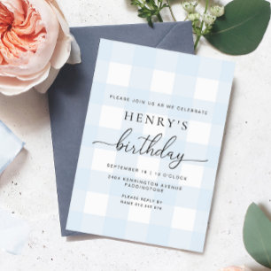 Blauwe Gingham Verjaardagsuitnodiging Kaart