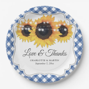Blauwe Gingham Zonnebloem Liefde en Dank Trouwen Papieren Bordje