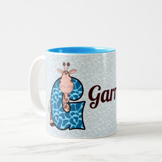 Blauwe Giraffe Monogram Letter G en Naam Tweekleurige Koffiemok (Voorkant links)