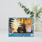 Blauwe glanzende sneeuwvlokken Foto Kerstmis Briefkaart (Staand voorkant)