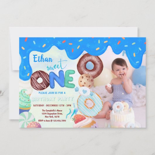 blauwe glazige donut Sweet One Kaart (Voorkant)