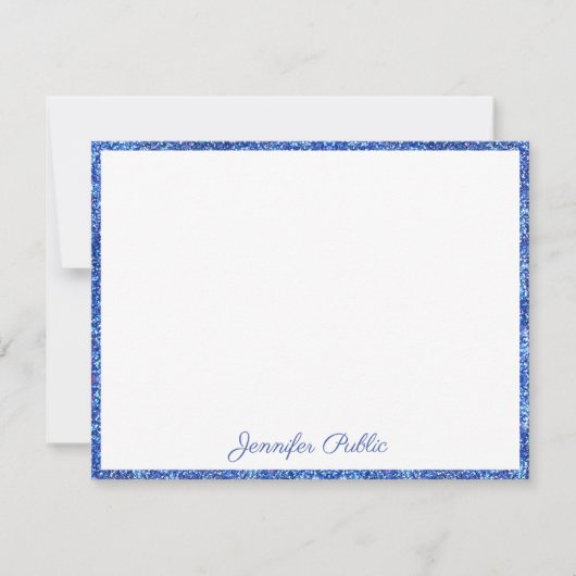 Blauwe Glitter Handgeschreven Script Elegant Custo Notitiekaartje (Voorkant)