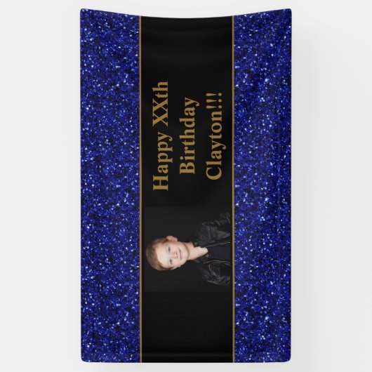 Blauwe glitter met bericht Foto verjaardagsbanner Spandoek (Verticaal)