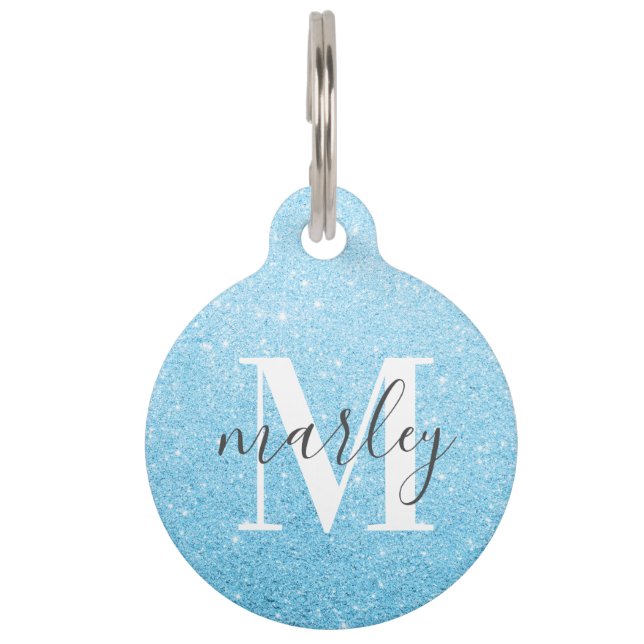Blauwe Glitter Monogram Naam Huisdierpenning (Voorkant)