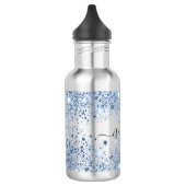 Blauwe glitter naam script elegant waterfles (Links)