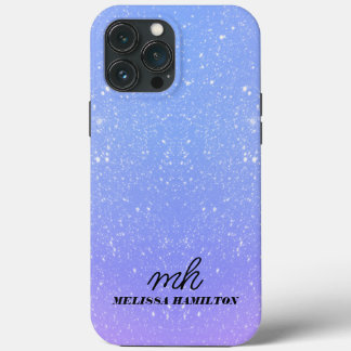Blauwe glitter paarse chic monogrammed I telefoonh iPhone 13 Pro Max Hoesje
