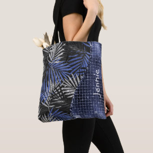 Blauwe Glitter Palm Leaves Glam Wave Gepersonalise Draagtas