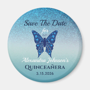 Blauwe Glitter Quinceañera Save the Date Magneet