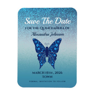 Blauwe Glitter Quinceañera Save the Date Magneet