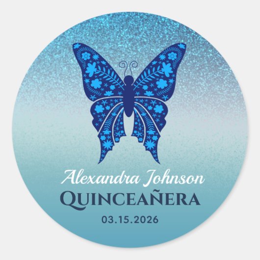 Blauwe Glitter Quinceañera Vlinder Ronde Sticker (Voorkant)
