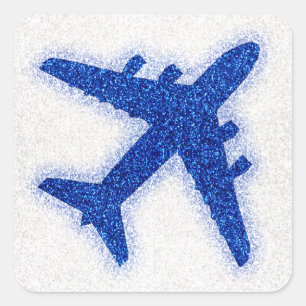 Blauwe glitter vliegtuig rond sticker labels