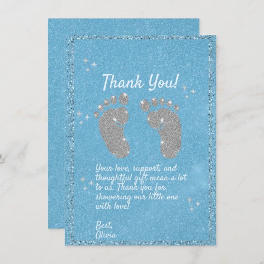 Blauwe Glitter Voetafdruk Baby Boy Bedankt Card (Voorkant / Achterkant)