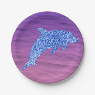 Blauwe glitterdolfijn in roze en Paars Zee Papieren Bordje