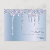 Blauwe glitterdruppels worden mijn bloemmeisje. uitnodiging briefkaart (Achterkant)